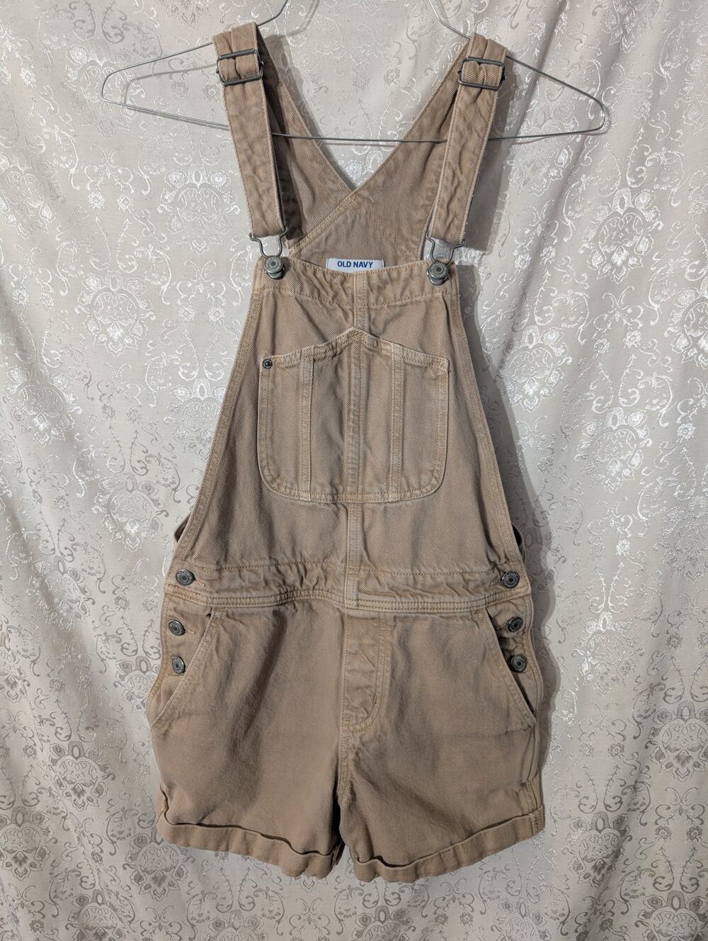 Old Navy Tan Denim Shortalls Cuffed Jean Short Overalls Utility Bib